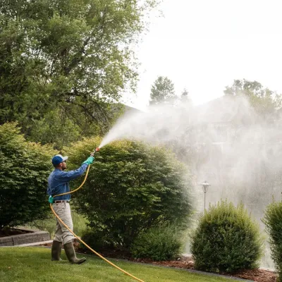 technicians spraying shrubs